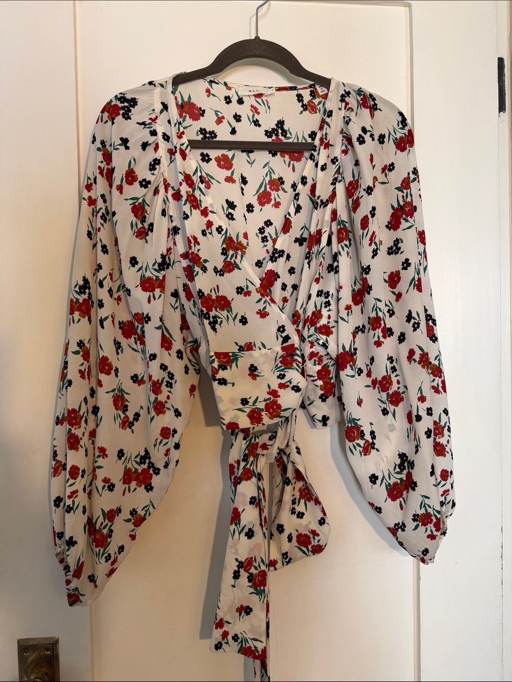 A.L.C. Red and White Floral Wrap Blouse